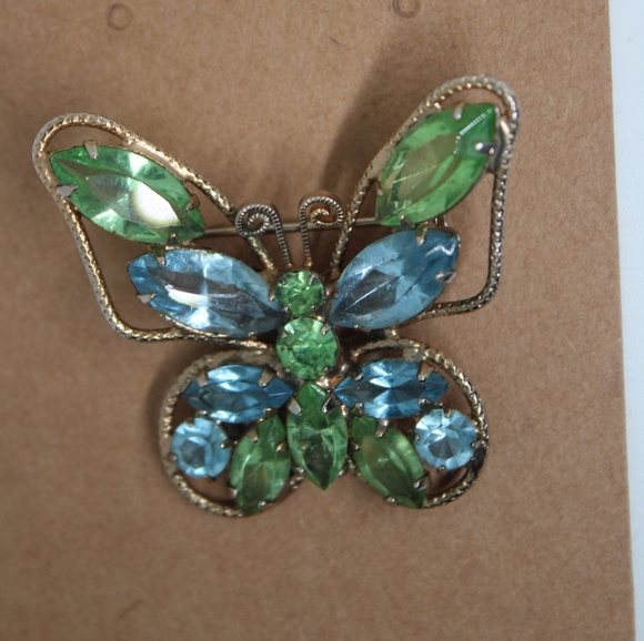 VTG GLOWING Green & Blue Marquise Rhinestone Butterfly Brooch - Picture 4 of 8